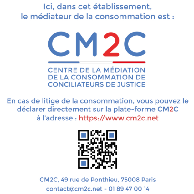 Affiche d’information CM2C avec coordonnées et code QR vers le site du médiateur