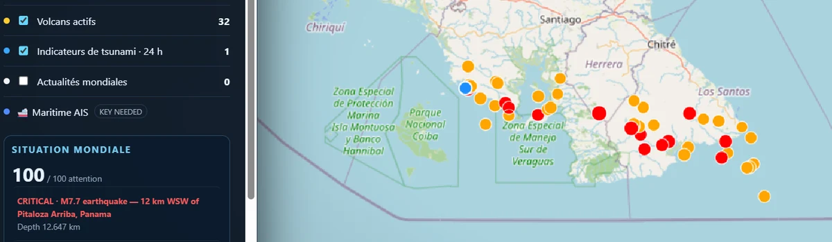 Vue cartographique d'événements critiques dans SENTINEL